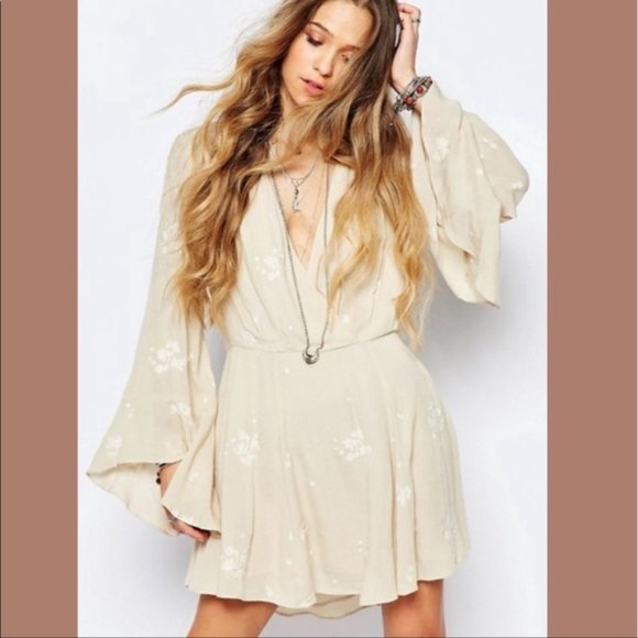 Free People tan white embroidered jasmine dress 2 - Picture 1 of 5